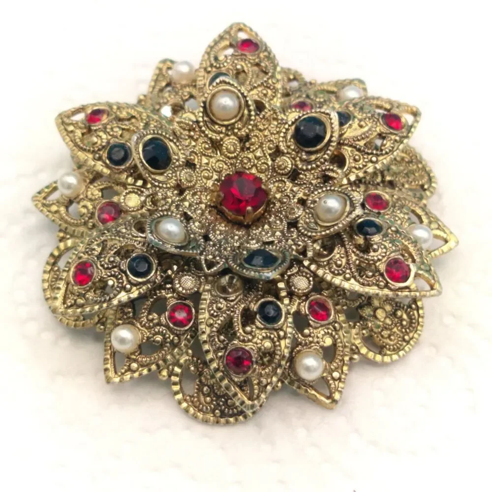 W. GERMANY Ornate Filigree Flower Brooch Pin 1.75